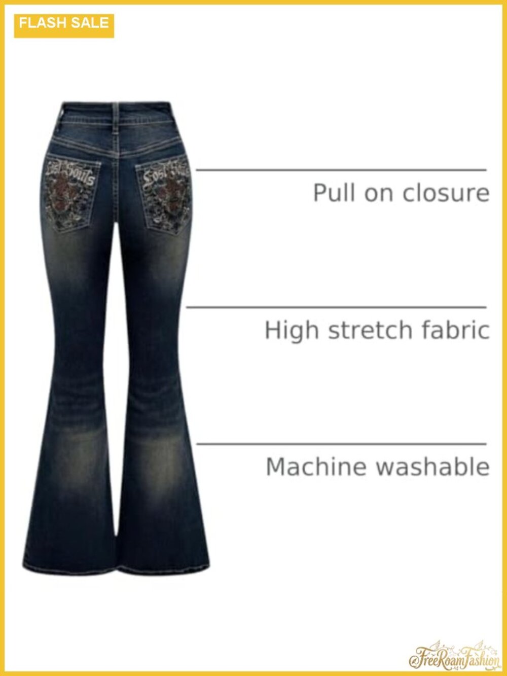 High Stretch Embroidered Flared Bell Bottom Jeans Mid Rise Y2K - Picture 3 of 5